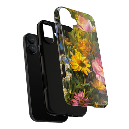 Wildflower meadow art phone case. A colorful floral design with bright yellow and pink flowers on a durable, high-gloss protective case for smartphones.