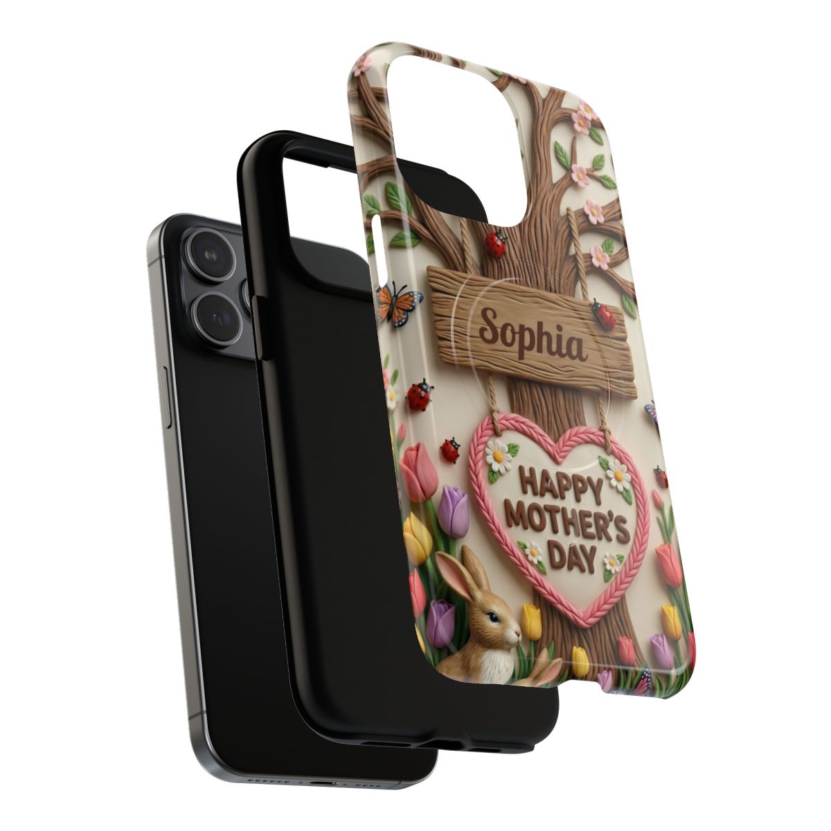Close-up of a whimsical personalized phone cover showing detailed cherry blossoms, a hanging wooden sign, and "Happy Mother's Day" text.