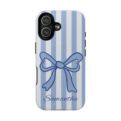 Personalized Coquette Bow Phone Case – Blue Striped Preppy Ribbon Aesthetic