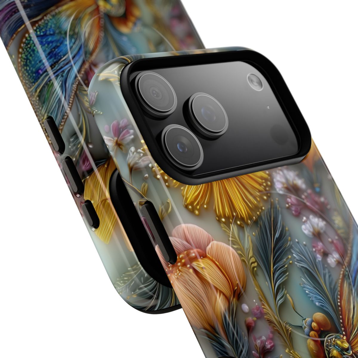 Luxury aesthetic phone protector showing a highly detailed dragonfly with glowing amber and teal accents.