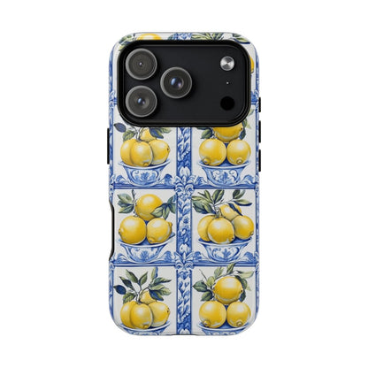 Mediterranean-style phone case featuring a blue and white tile pattern with vibrant yellow lemons in decorative bowls.
