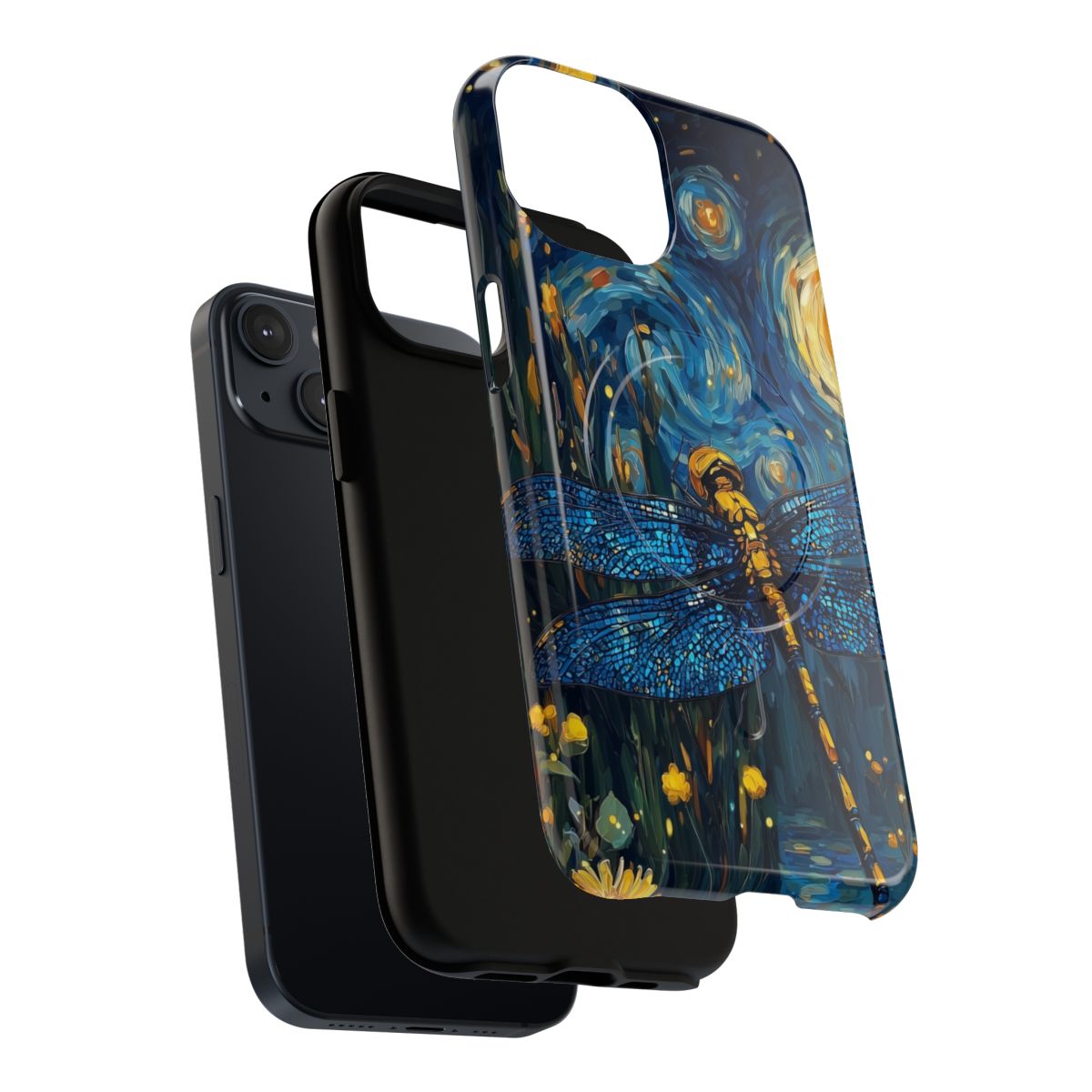 Back of a phone case showing a celestial landscape with a glowing moon and a vibrant blue dragonfly.