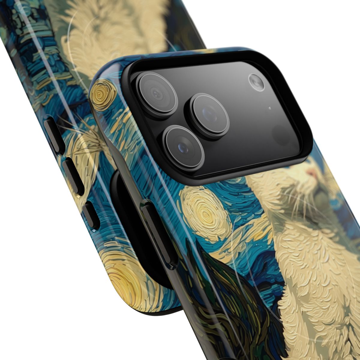 Artistic fine art parody phone protector showing a blue and yellow swirling night sky with a white cat.