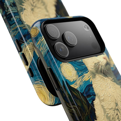 Artistic fine art parody phone protector showing a blue and yellow swirling night sky with a white cat.