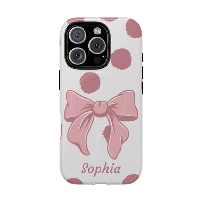 Personalized Pink Polka Dot Bow Phone Case – Custom Name Coquette Aesthetic