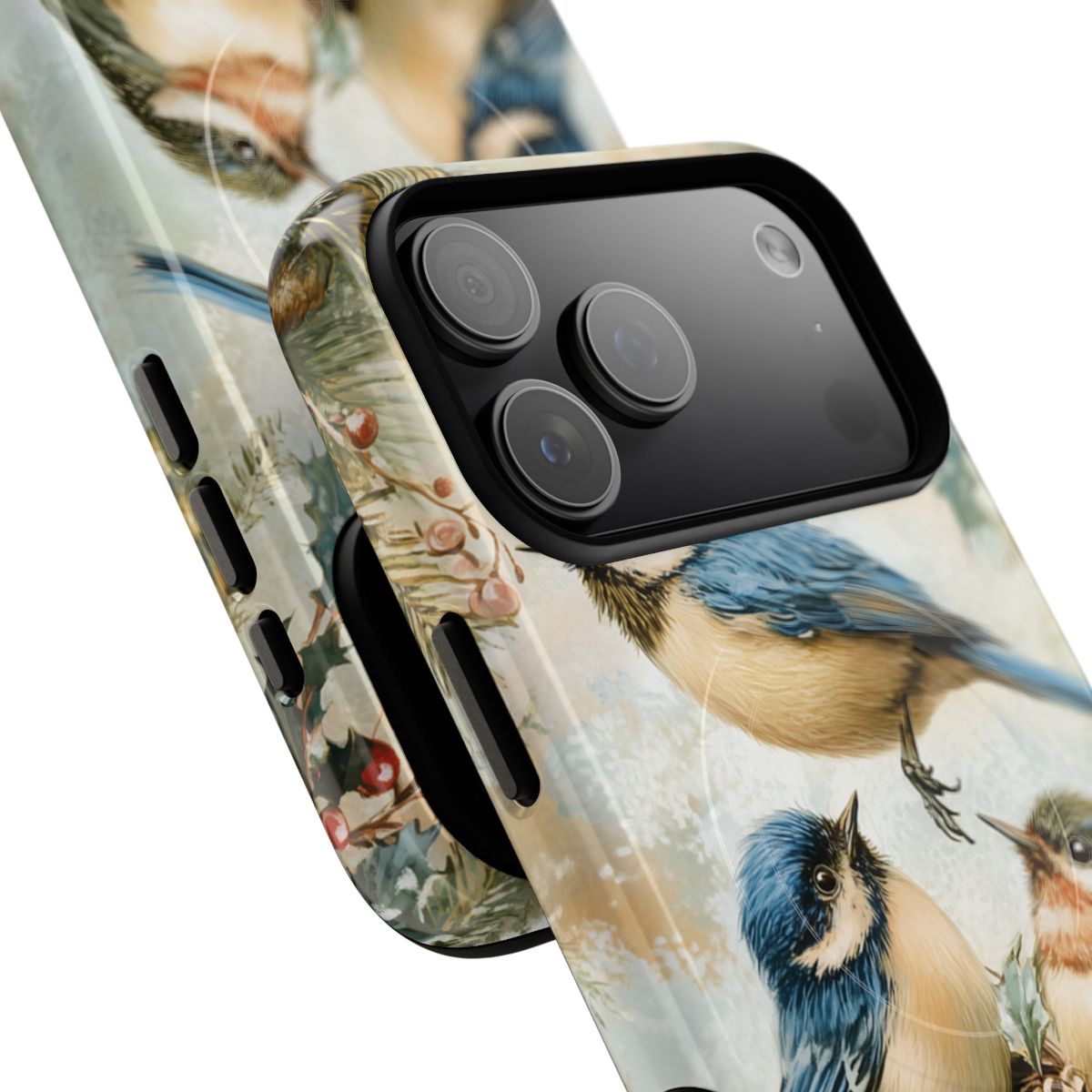 Rustic nature-themed phone protector with an antique watercolor aesthetic of winter birds and greenery.