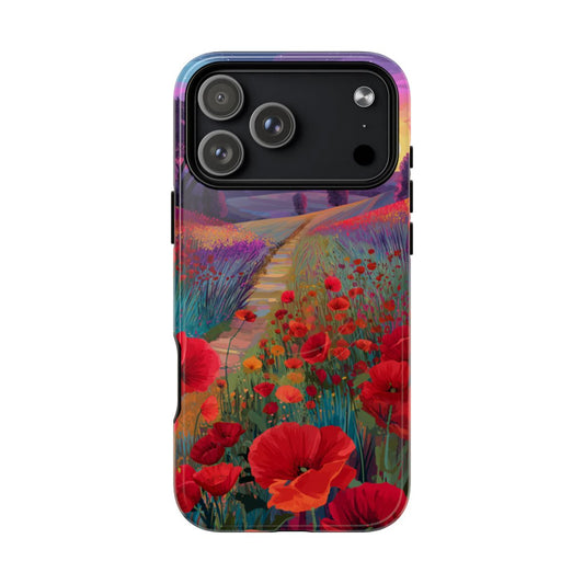 Impressionist phone case featuring a winding stone path through a vibrant red poppy field.