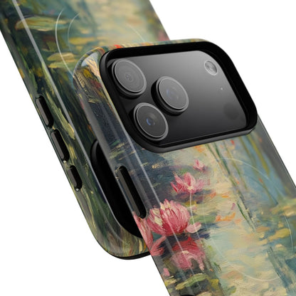 Artistic cat-themed phone case design blending classic floral pond elements with a charming black cat portrait.
