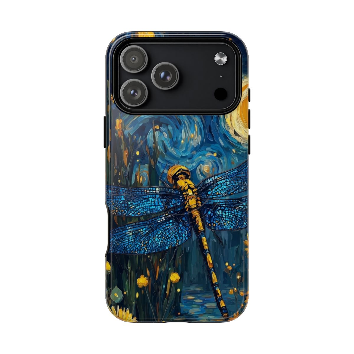 Phone case featuring a large blue and gold dragonfly over a swirling Van Gogh Starry Night inspired sky.
