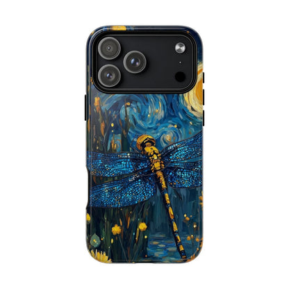Phone case featuring a large blue and gold dragonfly over a swirling Van Gogh Starry Night inspired sky.