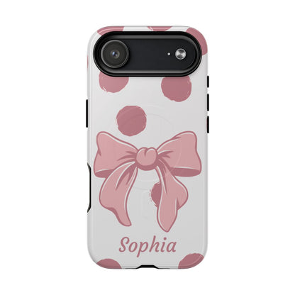 Personalized Pink Polka Dot Bow Phone Case – Custom Name Coquette Aesthetic