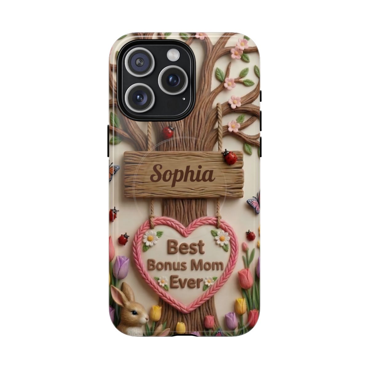 Personalized Bonus Mom Phone Case – Custom Name Clay Spring Garden Aesthetic