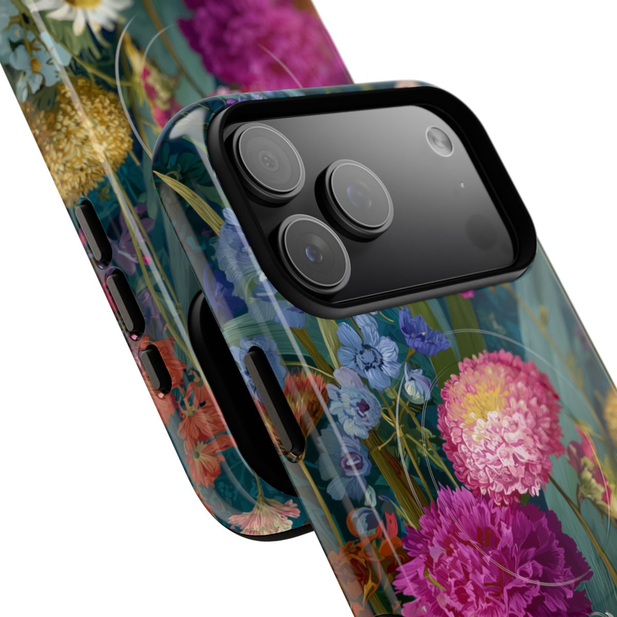Protective floral phone case for iPhone featuring a colorful wildflower meadow design and a matte finish with a black camera lens cutout.