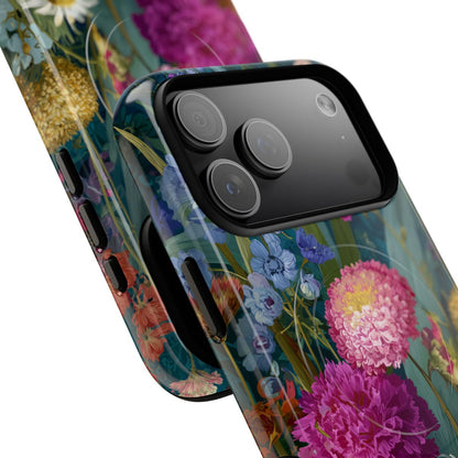 Protective floral phone case for iPhone featuring a colorful wildflower meadow design and a matte finish with a black camera lens cutout.