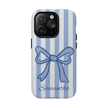 Personalized Coquette Bow Phone Case – Blue Striped Preppy Ribbon Aesthetic