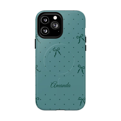 Personalized Teal Bow Phone Case – Custom Name Coquette Polka Dot Aesthetic