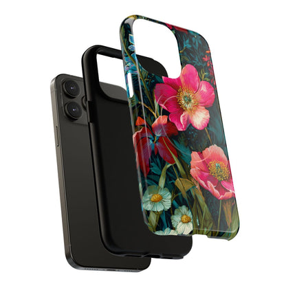 Durable smartphone case decorated with a colorful wildflower garden print, including bold pink blooms and intricate green foliage in a painted art style.