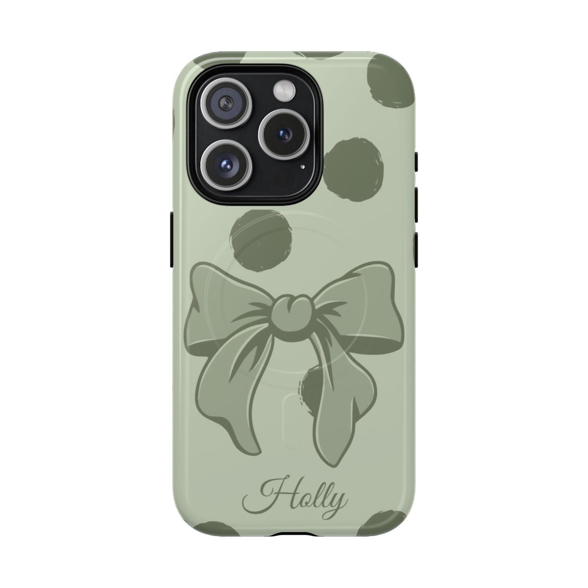Personalized Sage Green Polka Dot Bow Phone Case – Custom Name Coquette Aesthetic
