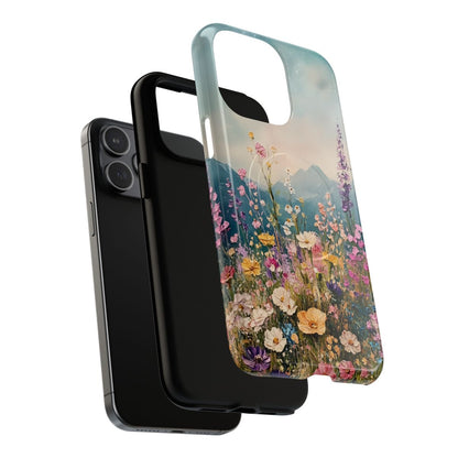 Back of a protective phone case showcasing a colorful botanical landscape with realistic floral textures.