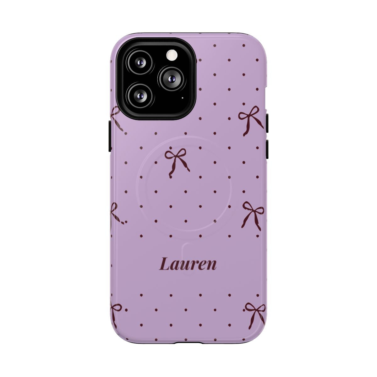 Personalized Lavender Bow Phone Case – Custom Name Polka Dot Coquette Aesthetic