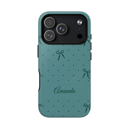 Personalized Teal Bow Phone Case – Custom Name Coquette Polka Dot Aesthetic
