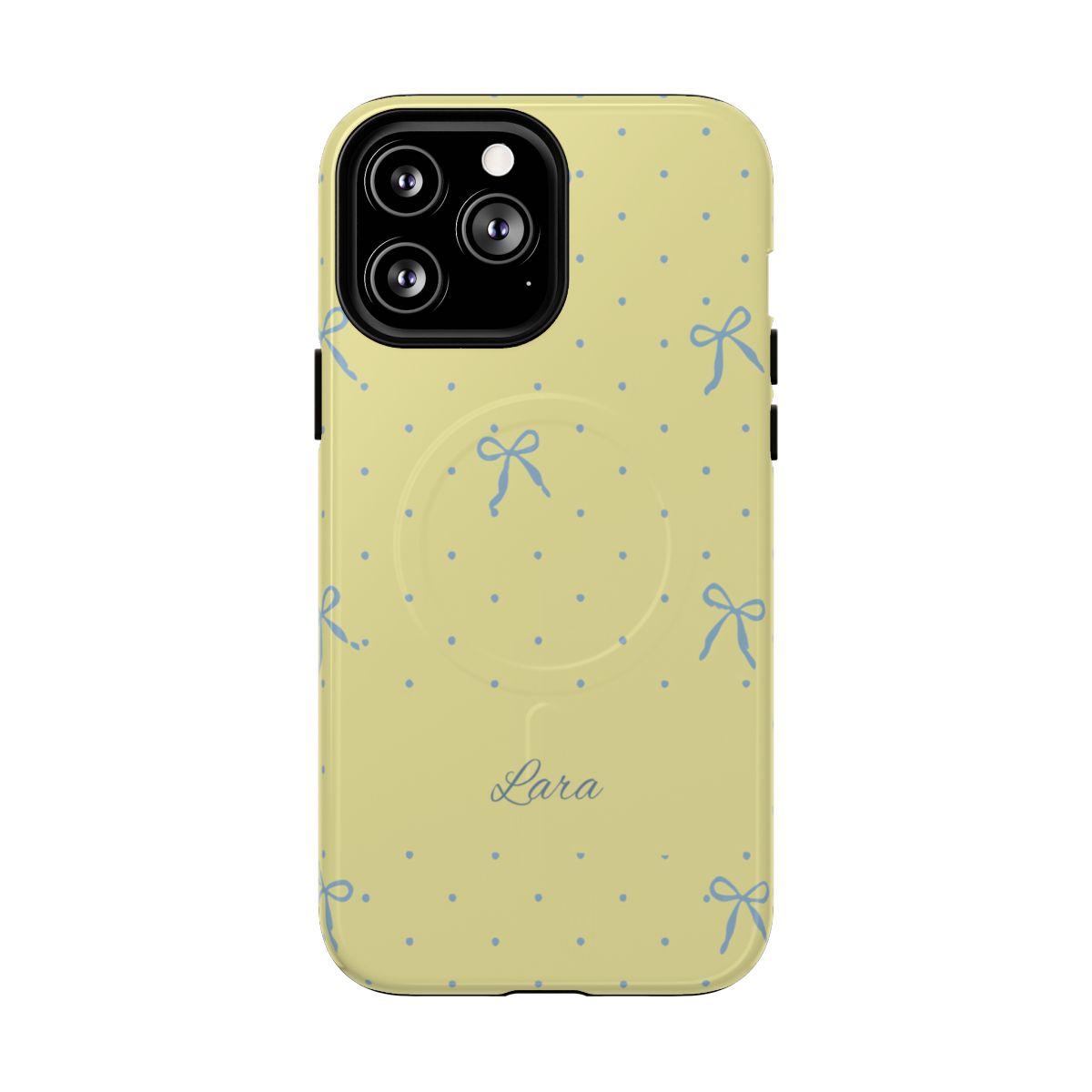 Personalized Yellow Bow Phone Case – Custom Name Blue Polka Dot Aesthetic