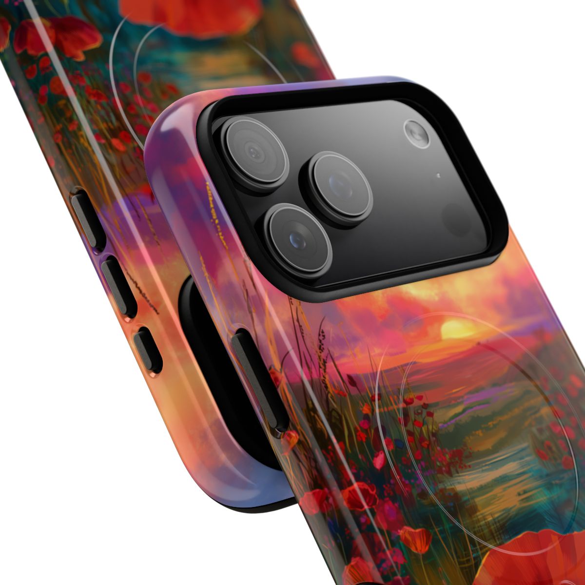 Artistic sunset meadow phone protector with rich jewel tones and a dreamlike floral garden aesthetic.