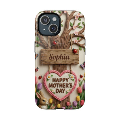 Phone case with 'Happy Mother's Day' design featuring a tree, heart, and rabbit on a white background.