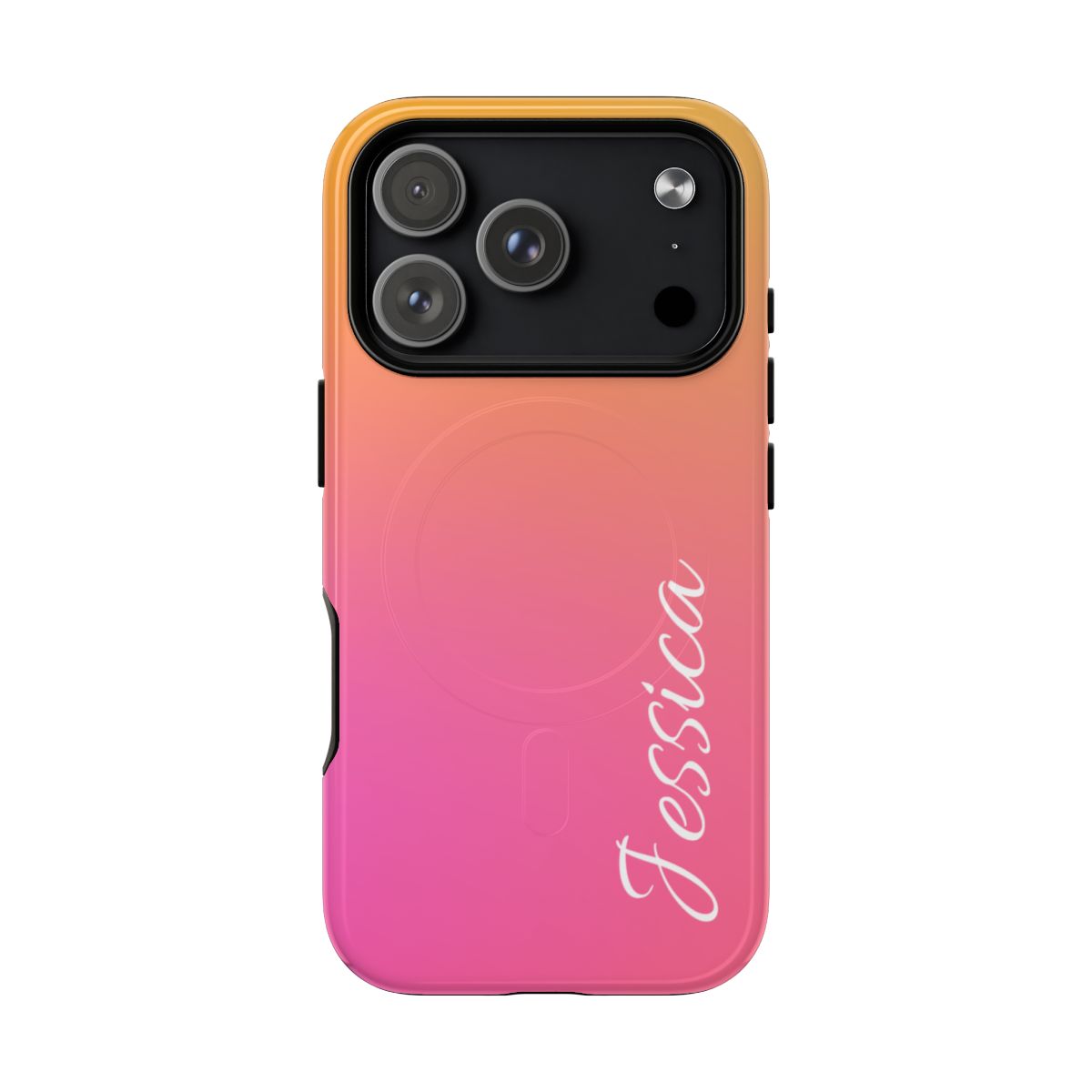 A personalized  case featuring a smooth vertical gradient transition from vibrant orange at the top to soft pink and magenta at the bottom. The name 'Jessica' is written in a white, elegant cursive script on the lower right side.