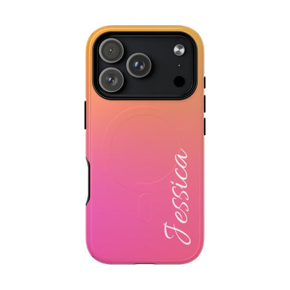 A personalized  case featuring a smooth vertical gradient transition from vibrant orange at the top to soft pink and magenta at the bottom. The name 'Jessica' is written in a white, elegant cursive script on the lower right side.