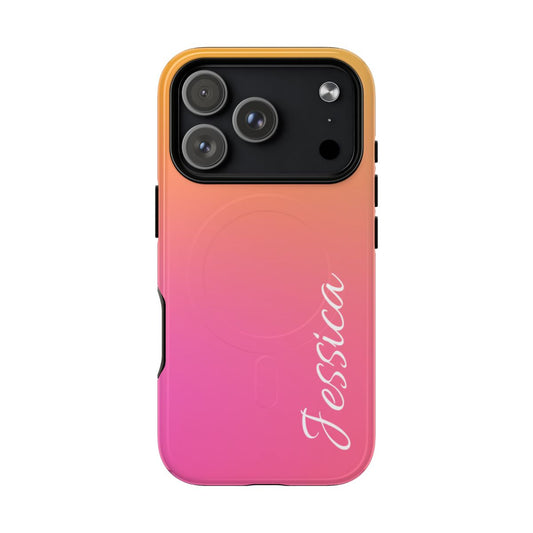 A personalized  case featuring a smooth vertical gradient transition from vibrant orange at the top to soft pink and magenta at the bottom. The name 'Jessica' is written in a white, elegant cursive script on the lower right side.